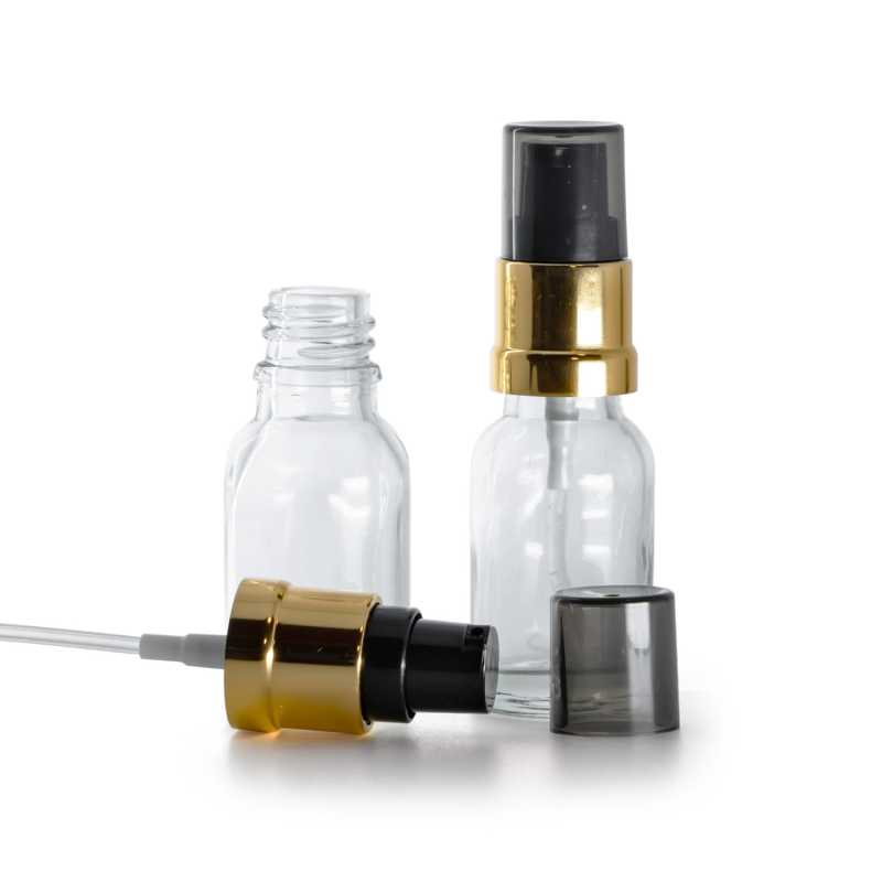 Klarglasfläschchen, glänzender schwarz-goldener Dispenser mit rauchfarbener Überkappe, 15 ml