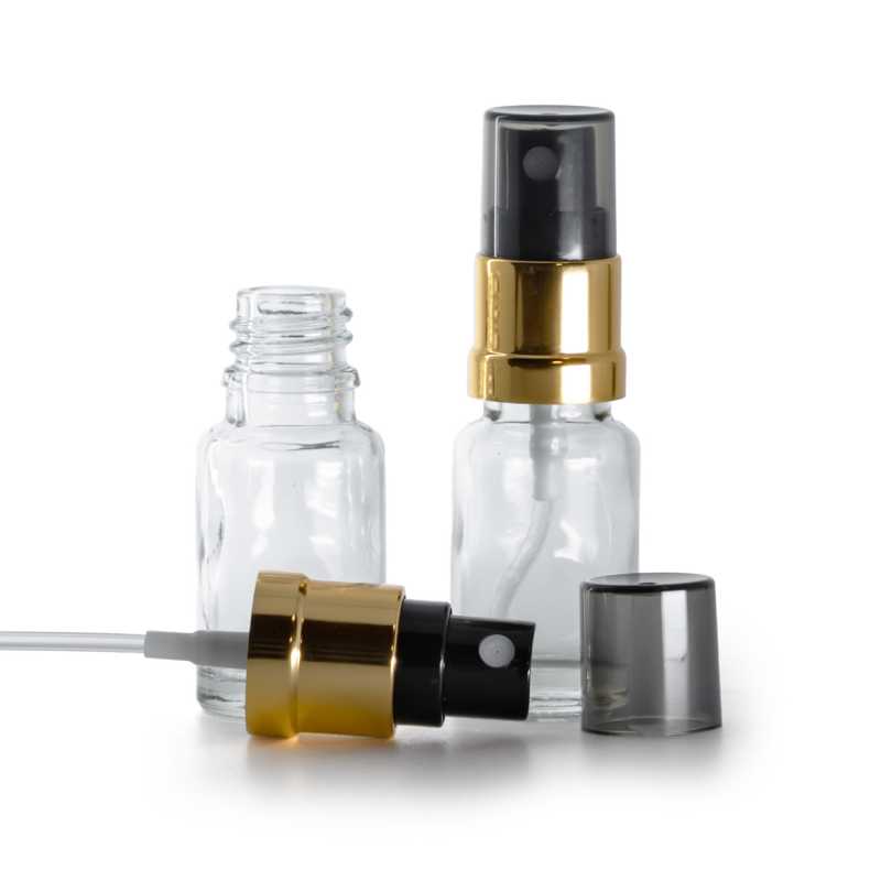 Glasflasche klar mit schwarz-goldenem Sprühkopf und rauchfarbener Kappe 10 ml