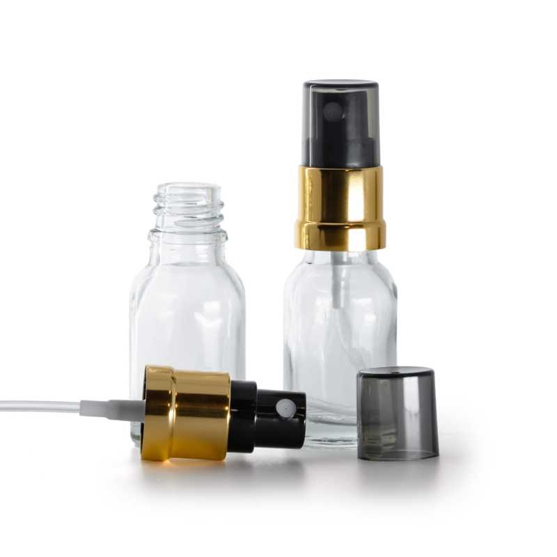 Klare Glasflasche, Sprühkopf Schwarz/Glanzgold, Smokey-Überkappe, 15 ml