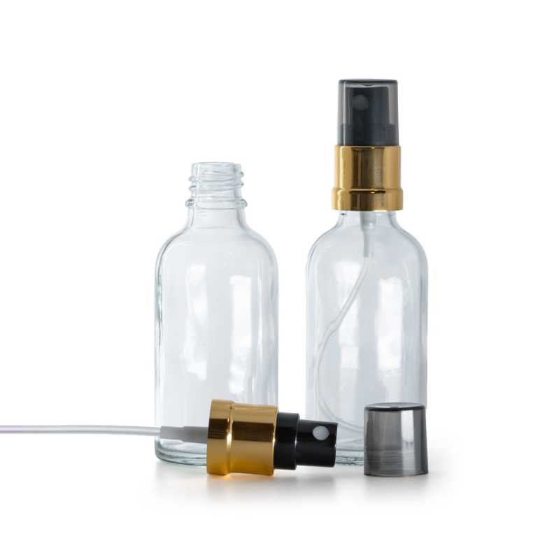 Klare Glasflasche, schwarzer Sprühkopf mit glänzender Goldhülse, Smokey-Überkappe, 30 ml