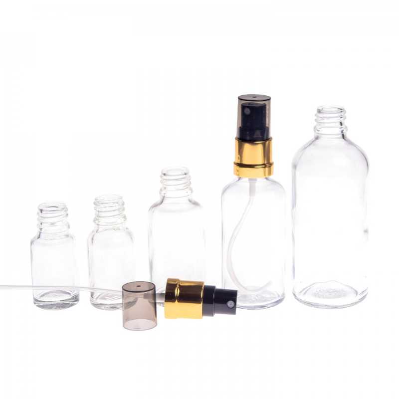 Klarglasflasche, glänzend gold-schwarzes Spray, rauchige Überkappe, 10 ml