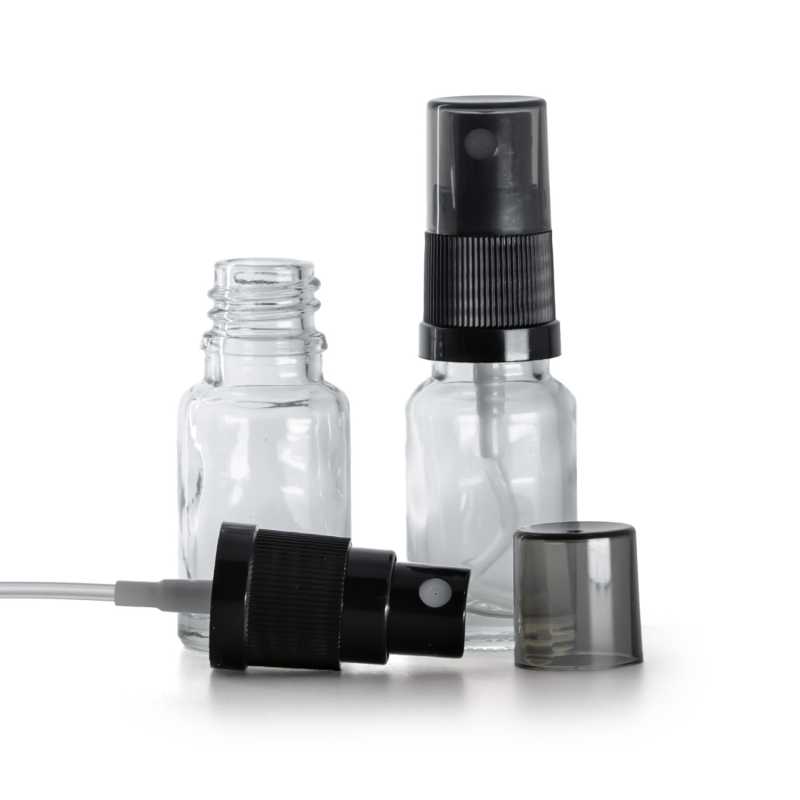 Klare Glasflasche mit schwarzem Feinstaubzerstäuber und rauchfarbener Kappe, 10 ml