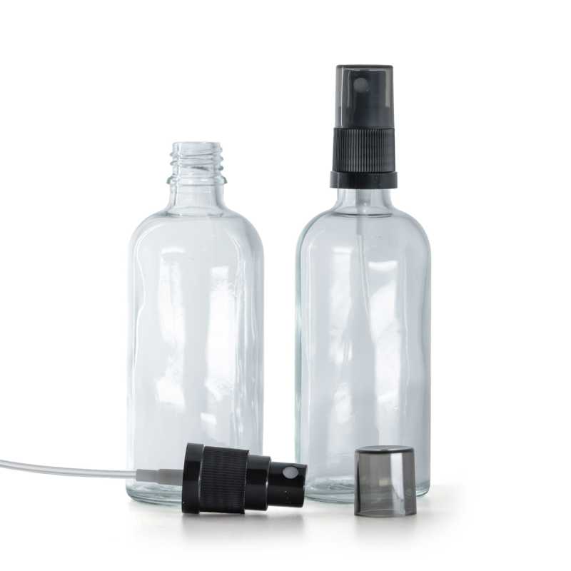 Klarglasfläschchen, schwarzer Sprühzerstäuber, rauchfarbene Überkappe, 100 ml