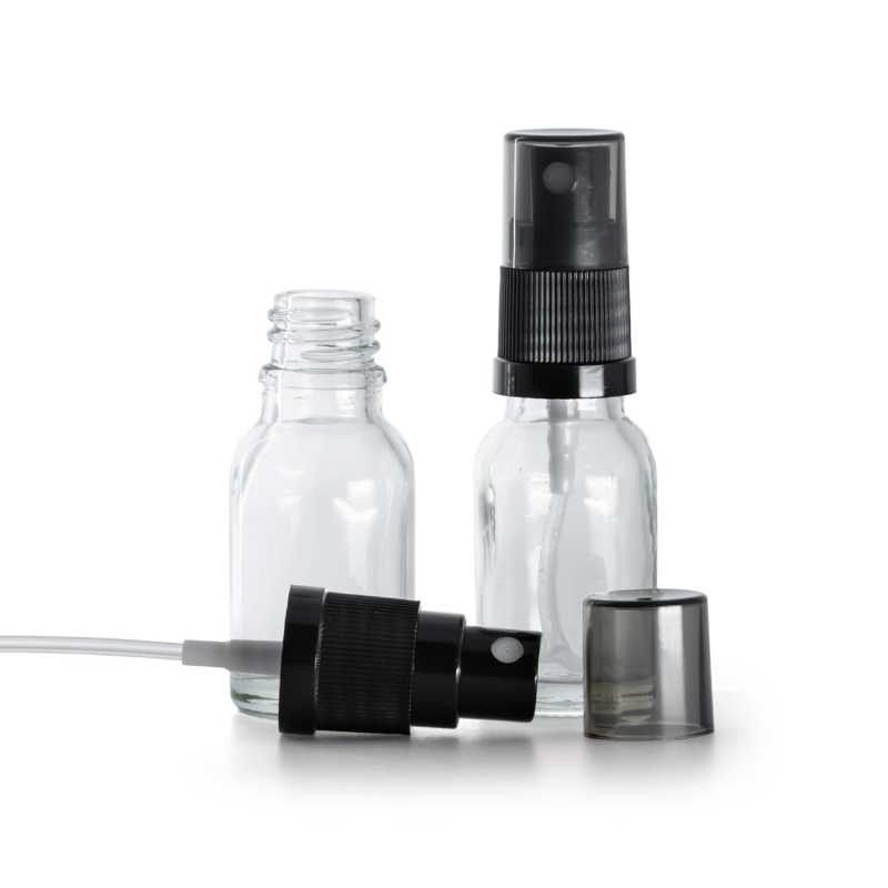 Glasfläschchen, transparent, schwarzer Sprühzerstäuber, rauchfarbene Überkappe, 15 ml