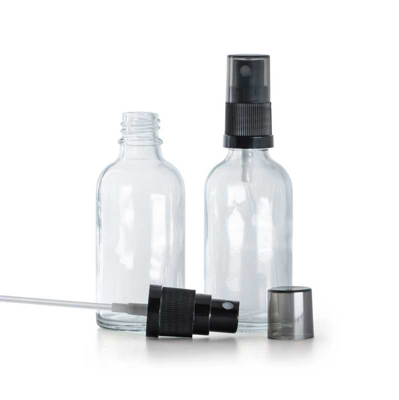 Glasflasche klar mit schwarzem Zerstäuber und rauchfarbener Kappe 30 ml