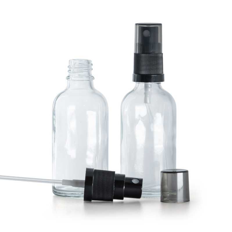 Glasfläschchen, transparent, schwarzer Sprühzerstäuber, rauchfarbene Überkappe, 50 ml
