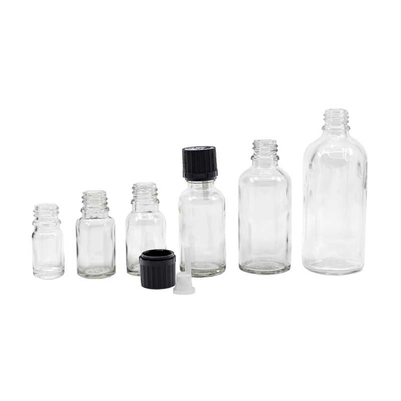 Klarglasflasche, schwarze Sicherheitskappe und Tropfer 15 ml