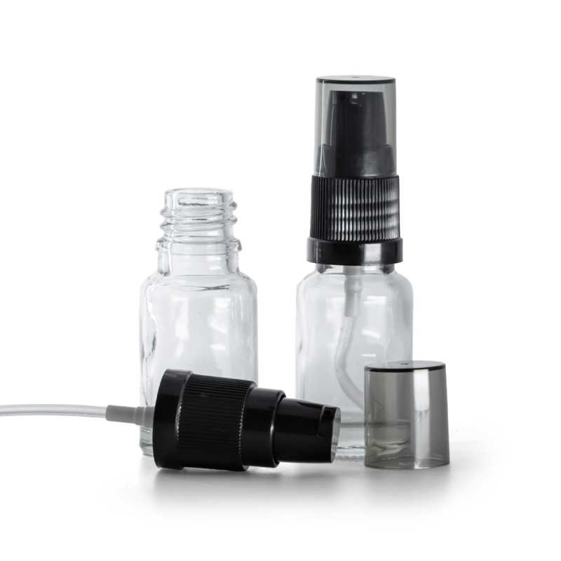 Klarglasflasche, Spenderpumpe für Lotionen mit rauchfarbener Überkappe, 10 ml