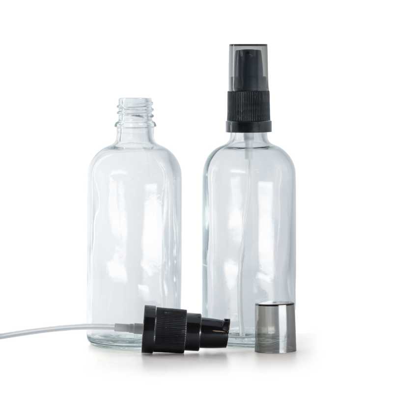 Klarglasfläschchen, Creme‑Dispenser mit rauchfarbener Überkappe, 100 ml