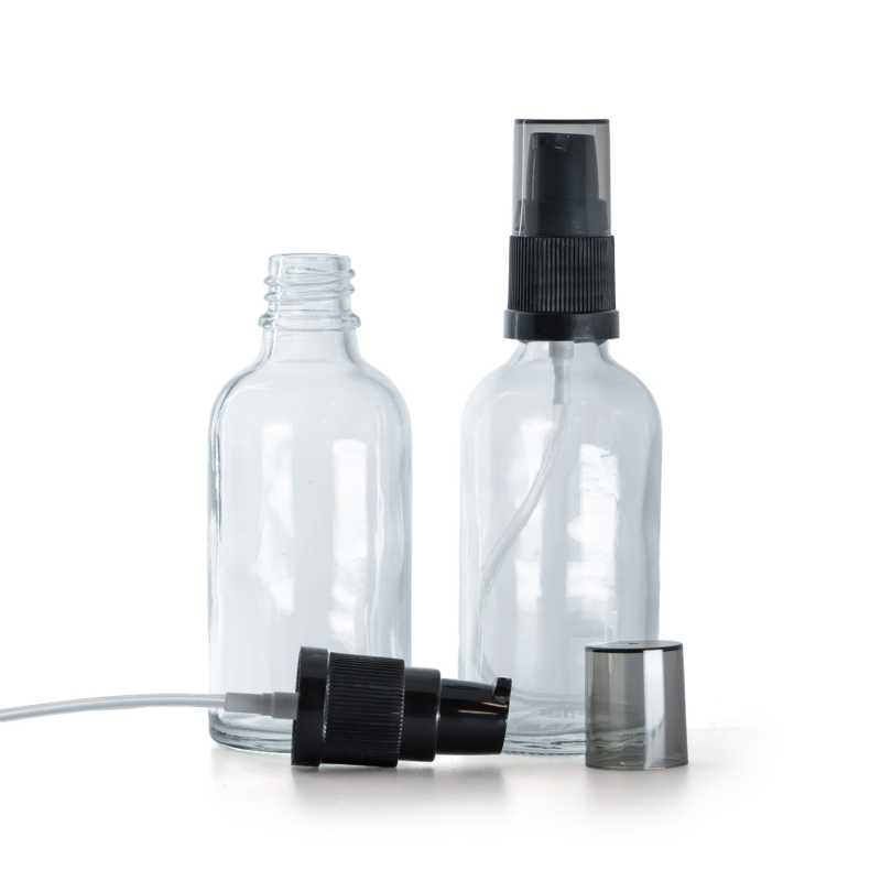 Klarglasflasche, Spenderpumpe für Lotionen mit rauchfarbener Überkappe, 50 ml