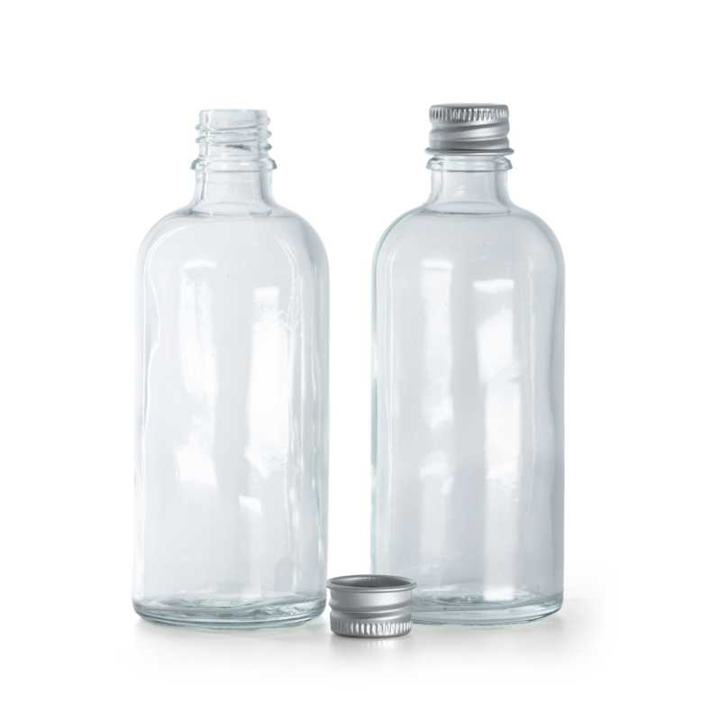 Klarglasfläschchen, silberner Aluminiumverschluss, 100 ml