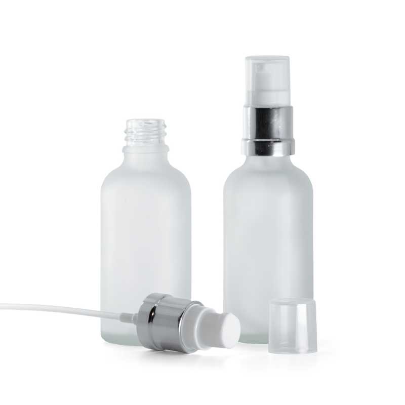 Klare Milchglasflasche, glänzende silberweiße Pumpe, 50 ml