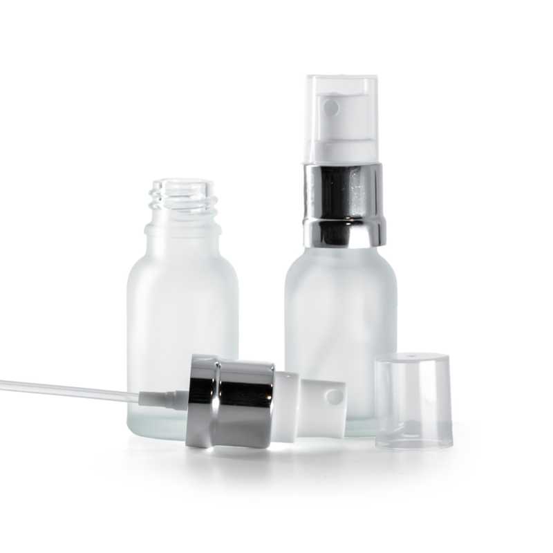 Mattierte Glasflasche transparent mit weiß-silbernem Sprühkopf 15 ml