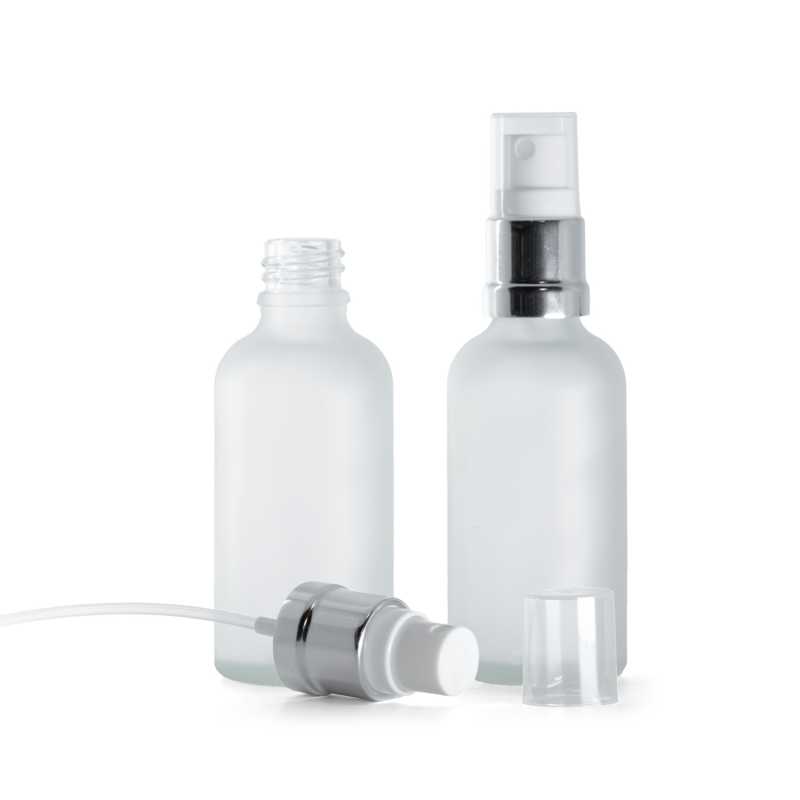 Flasche aus klarem Milchglas, glänzend silberweißes Spray, 50 ml
