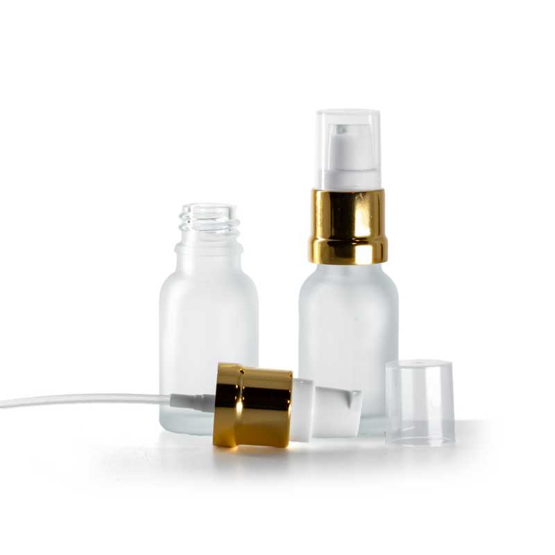 Klare, mattierte Glasflasche, glänzender weiß-goldener Spender, 15 ml