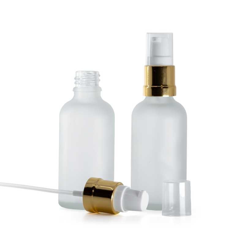 Klare Milchglasflasche, glänzende goldweiße Pumpe, 50 ml