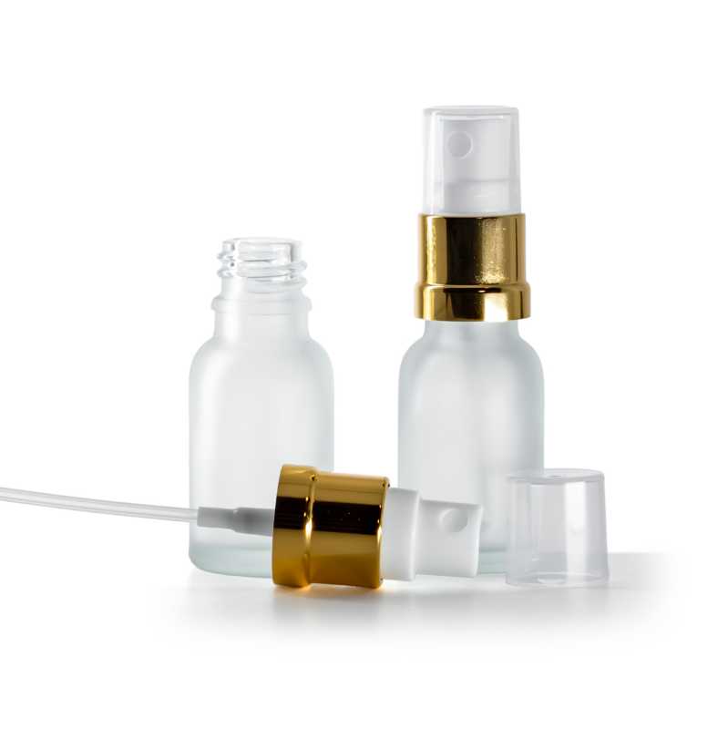 Klare mattierte Glasflasche mit weiß-goldenem Sprühkopf, 15 ml