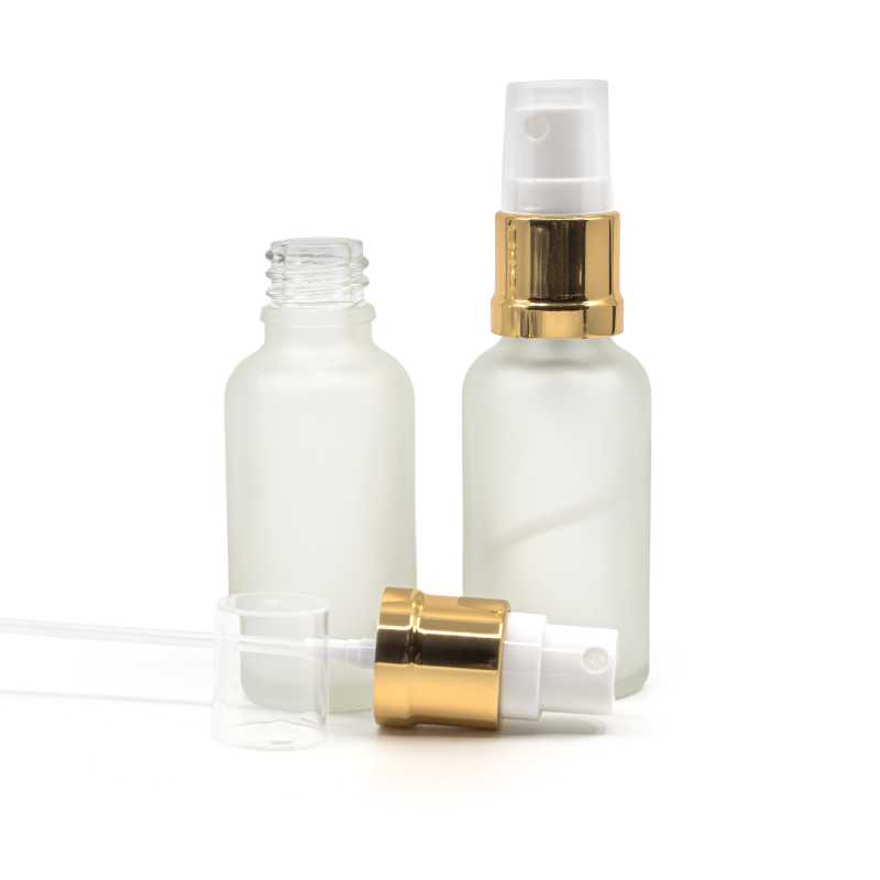 Flasche aus klarem Milchglas, glänzend goldweißes Spray, 30 ml