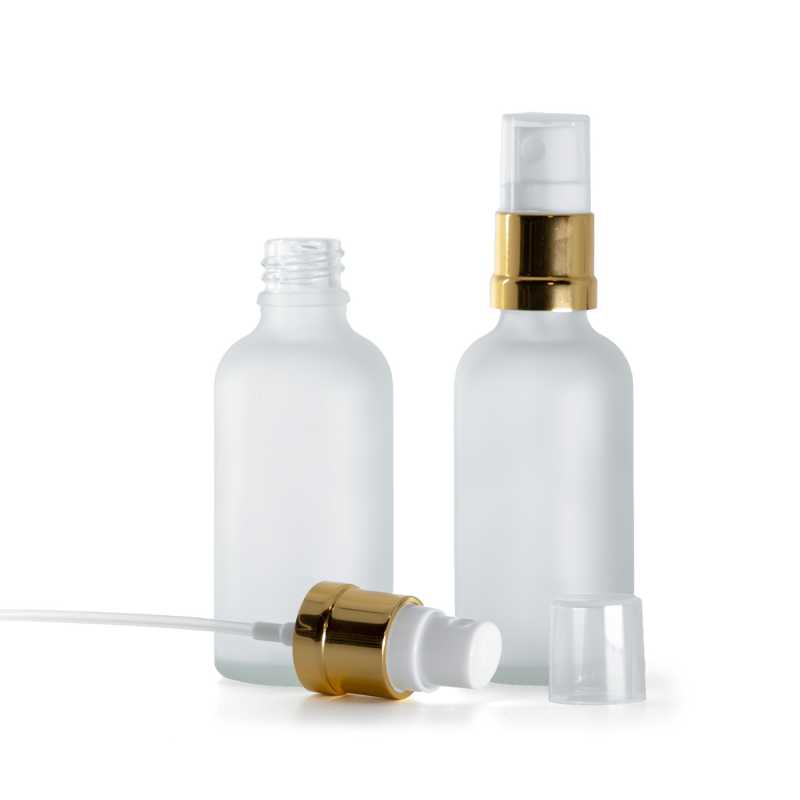 Flasche aus klarem Milchglas, glänzend goldweißes Spray, 50 ml
