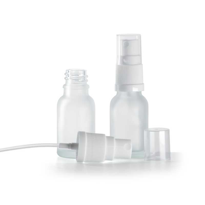 Klare mattierte Glasflasche, weißer Zerstäuber, 15 ml