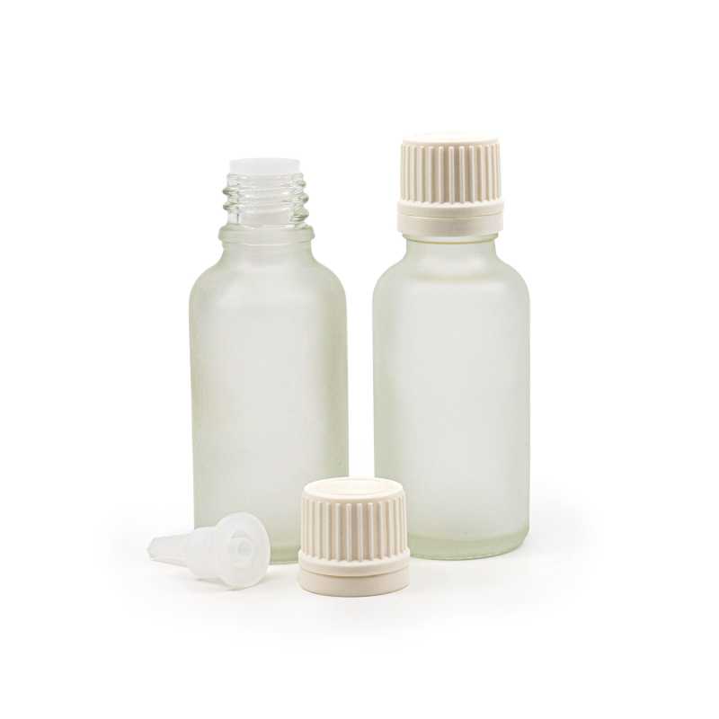 Klare Milchglasflasche, weißer Originalitätsverschluss und Tropfer, 30 ml