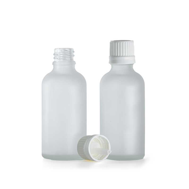 Klare Milchglasflasche, weißer Originalitätsverschluss und Tropfer, 50 ml