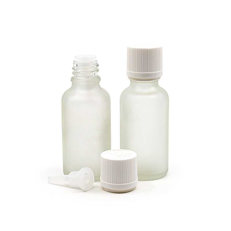 Klare Milchglasflasche, weiße Sicherheitsverschlusskappe und Tropfer, 30 ml