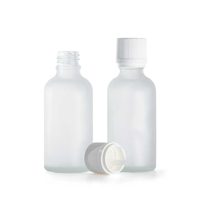 Klare Milchglasflasche, weiße Sicherheitsverschlusskappe und Tropfer, 50 ml