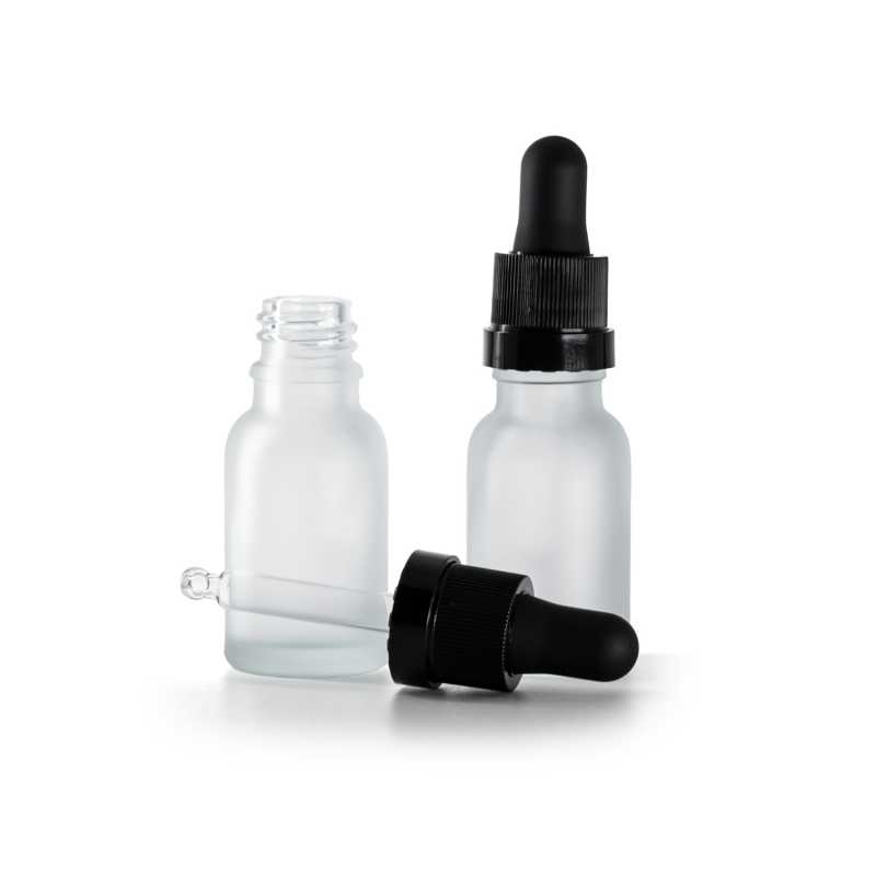 Mattierte Glasflasche transparent, Pipette Schwarz matt mit glänzendem Ring, 15 ml