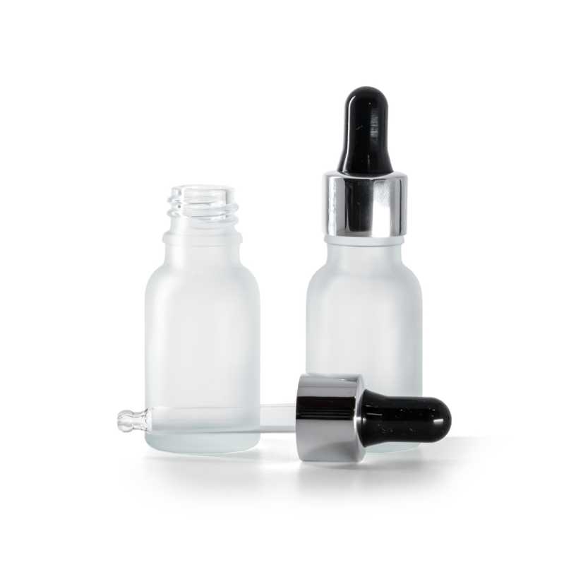 Klare mattierte Glasflasche mit schwarz-silberner Pipette, 15 ml