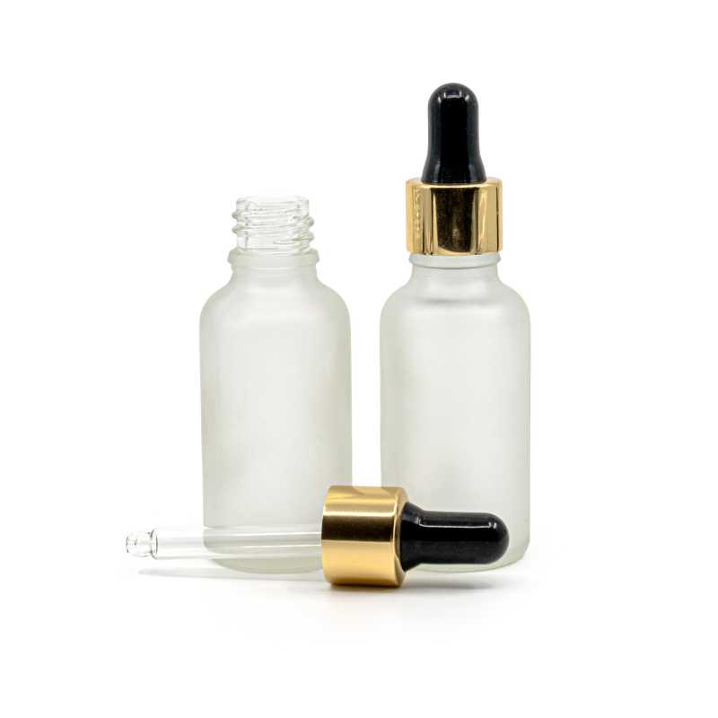 Klare Milchglasflasche, gold-schwarzer Tropfenzähler, 30 ml