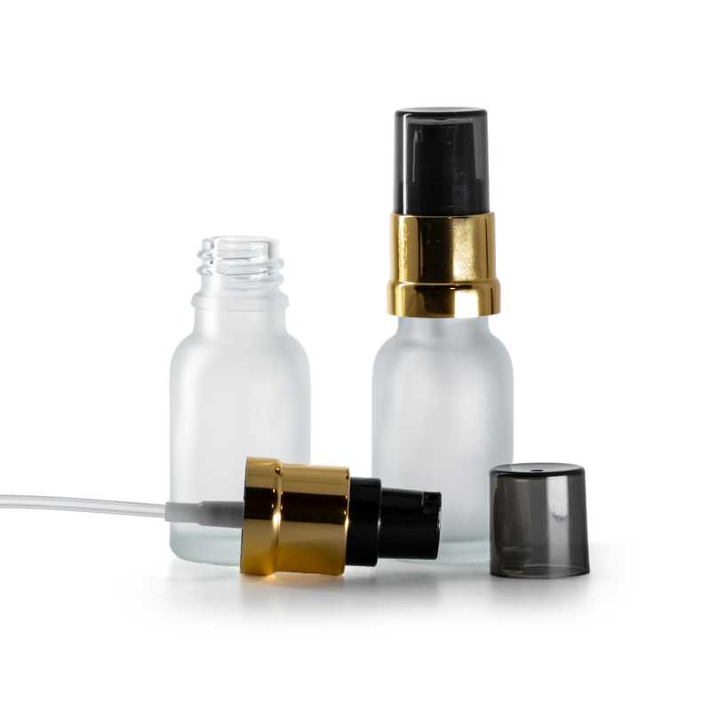 Transparentes mattes Glasfläschchen, schwarz-goldene glänzende Pumpe mit rauchfarbener Überkappe, 15