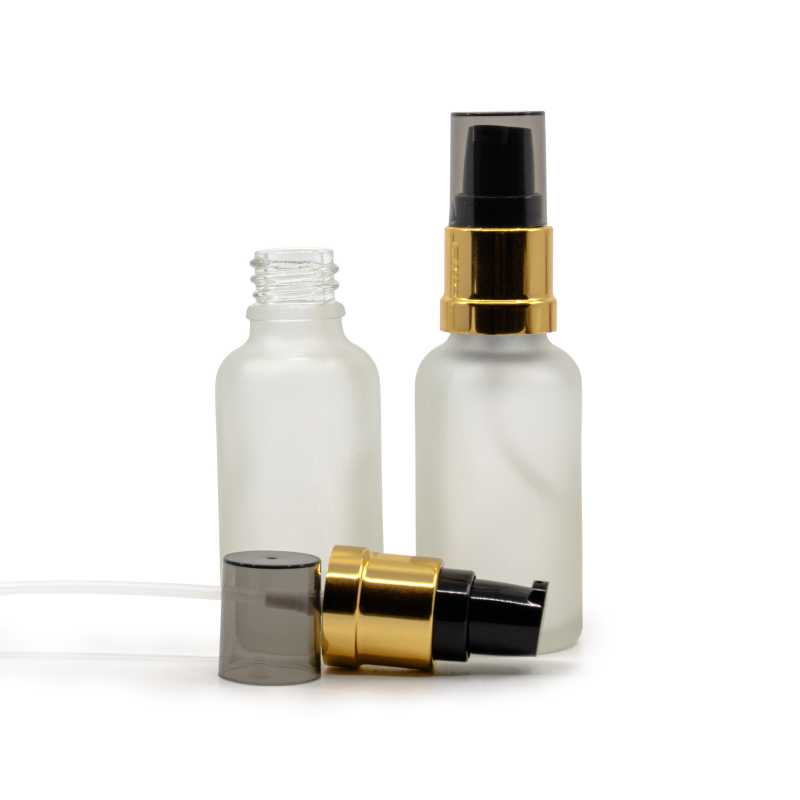 Klare mattierte Glasfläschchen, glänzend schwarz-goldener Dispenser mit rauchfarbener Überkappe, 30 