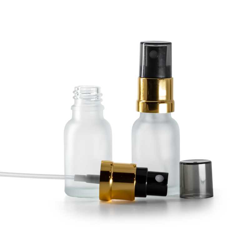 Glasfläschchen, klar mattiert, schwarz-goldener Sprühzerstäuber, rauchfarbene Überkappe, 15 ml