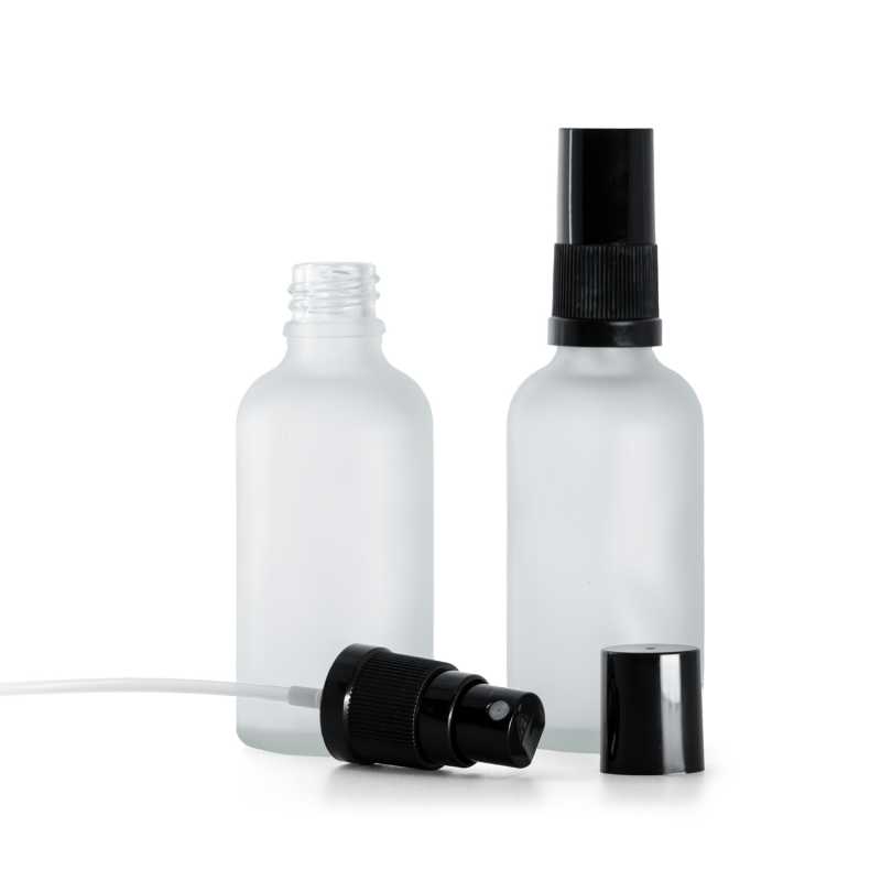 Klare Milchglasflasche, schwarzer Feinzerstäuber, schwarzer Überkappe, 50 ml