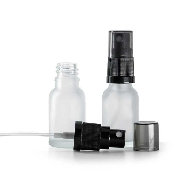 Klarglasfläschchen mattiert, schwarzer Sprühzerstäuber, rauchfarbene Überkappe, 15 ml