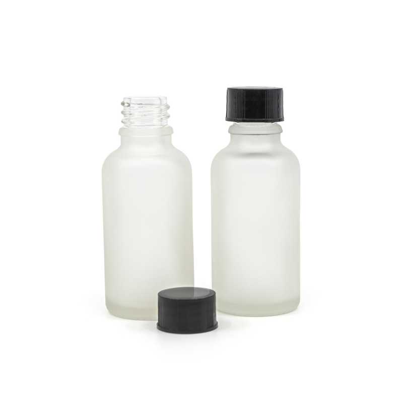 Klare Milchglasflasche, schwarzer Verschluss, 30 ml