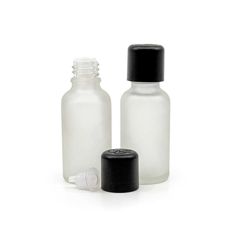 Klare Milchglasflasche, schwarze Sicherheitsverschlusskappe und Tropfer 30 ml