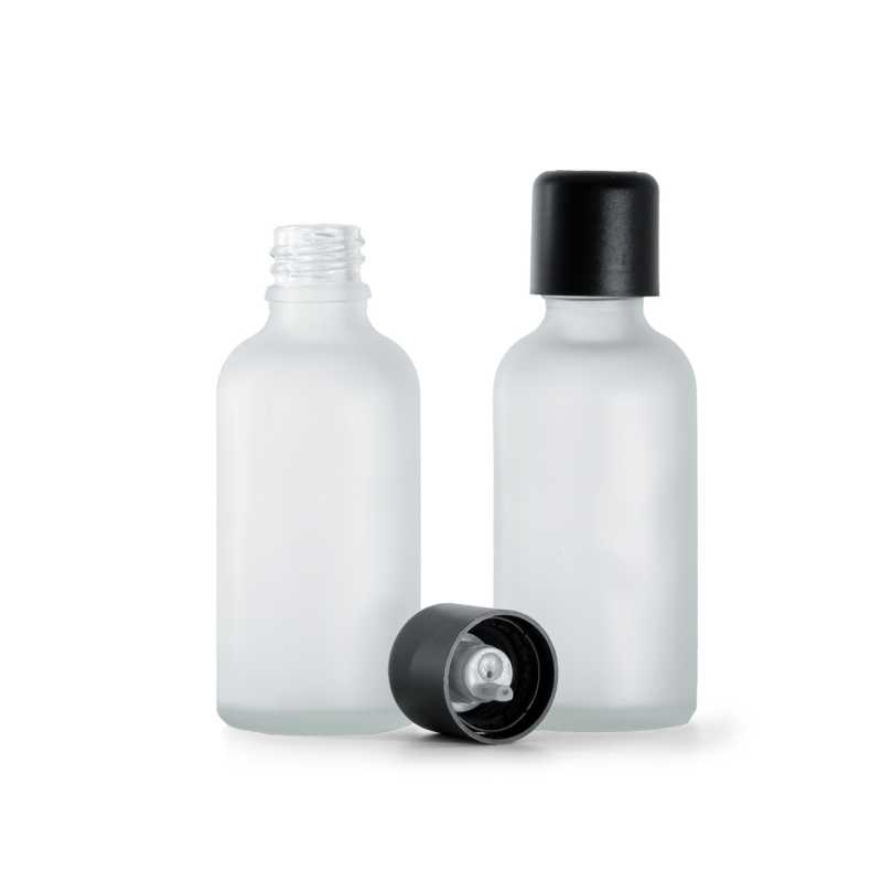 Klare Milchglasflasche, schwarze Sicherheitsverschlusskappe und Tropfer, 50 ml