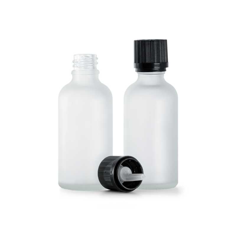 Klare Milchglasflasche, schwarzer Sicherheitsverschluss und Tropfer, 50 ml