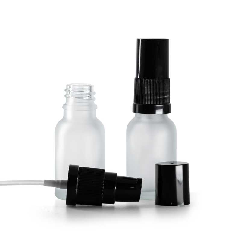 Mattierte Klarglasflasche mit schwarzem Lotionpumpspender und schwarzer Kappe, 15 ml