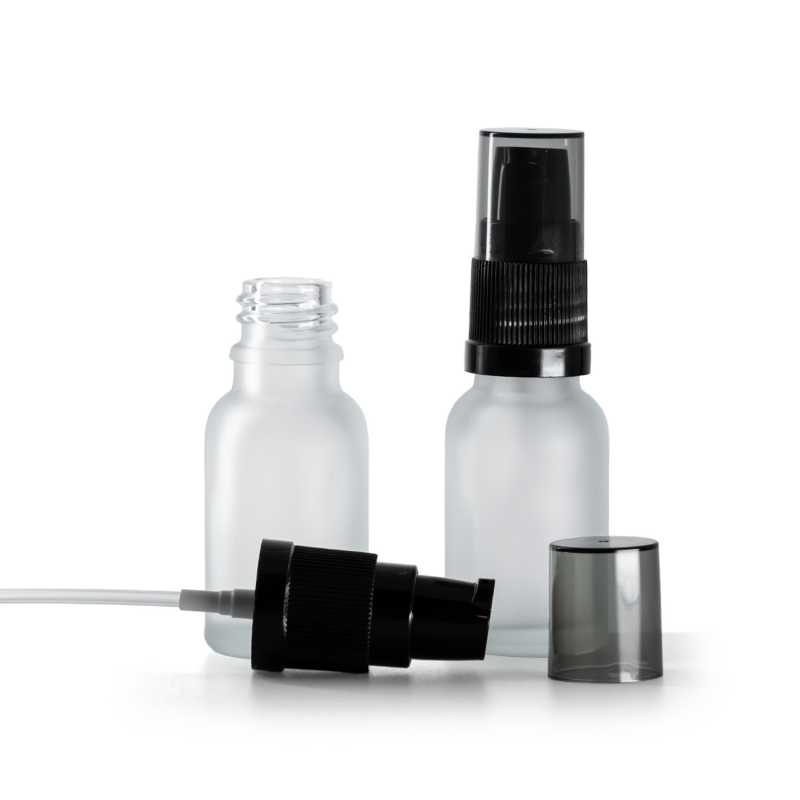 Klare, mattierte Glasflasche mit Lotionpumpe und rauchfarbener Überkappe, 15 ml