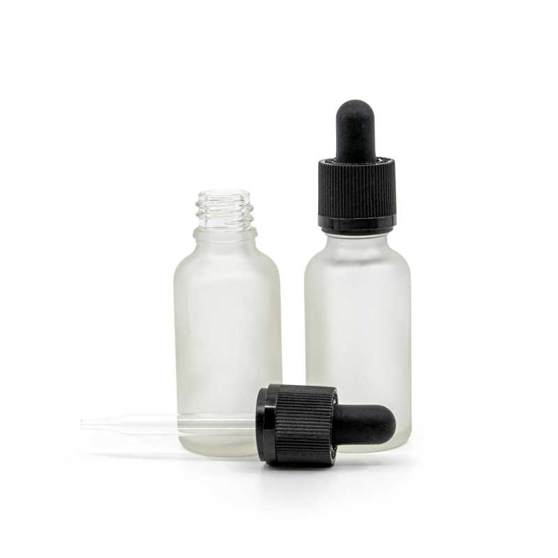 Klare Milchglasflasche, schwarzer Sicherheitstropfer mit Manipulationssicherung, 30 ml