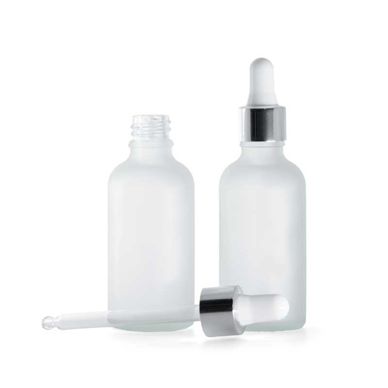 Klare Milchglasflasche, silberglänzende weiße Pipette, 50 ml