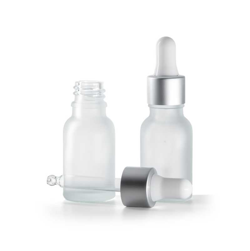 Klare, matte Glasflasche, matt silberner Pipettenverschluss, 15 ml