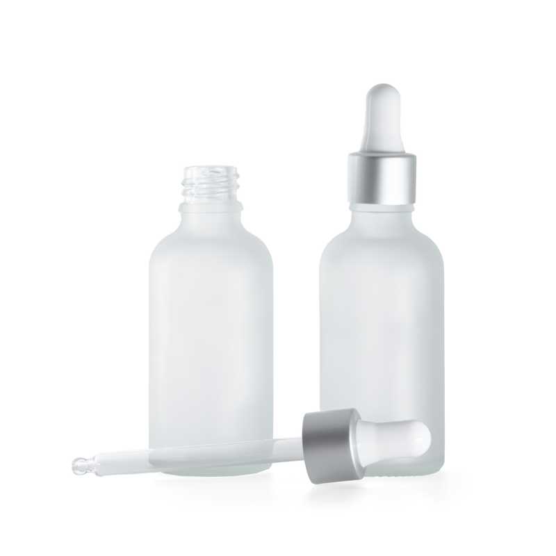 Flasche aus klarem Milchglas, mattsilberne weiße Pipette, 50 ml