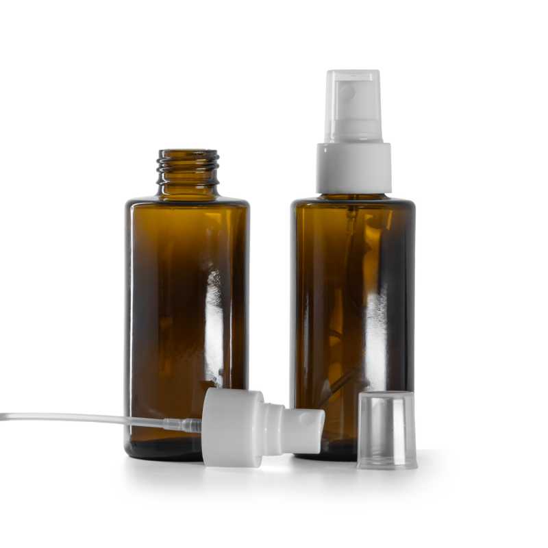 Braunglasflasche, gerader Hals, 24 mm, weißer Feinnebelzerstäuber, 100 ml