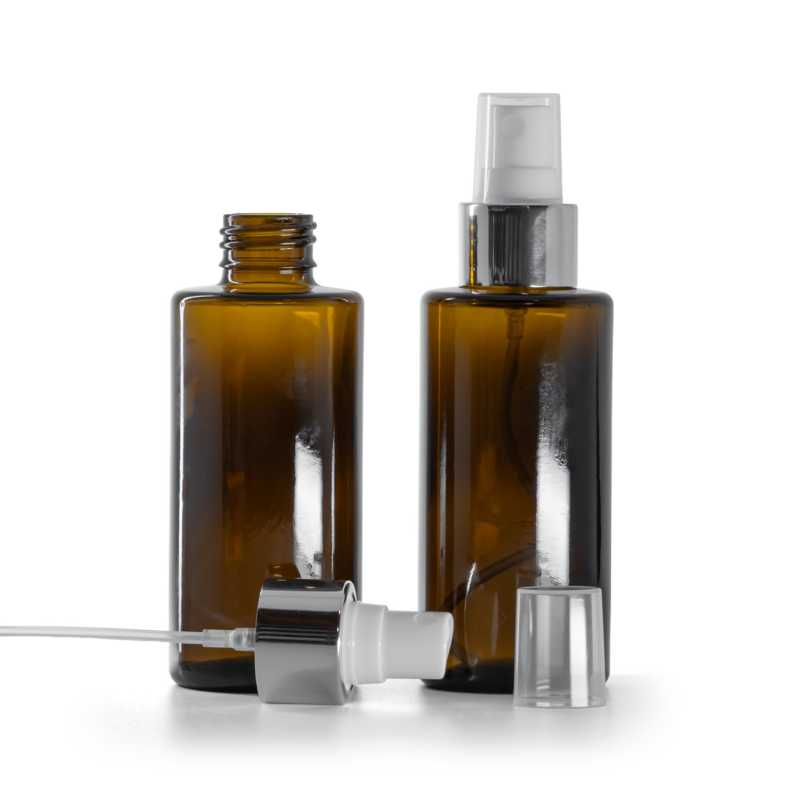 Braunglasflasche, gerader Hals, 24 mm, weißer Sprühaufsatz mit glänzend silbernem Ring, 100 ml