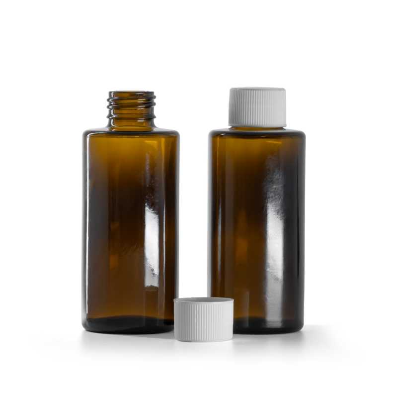 Braunglasflasche, gerader Hals, 24 mm, weißer Verschluss, 100 ml