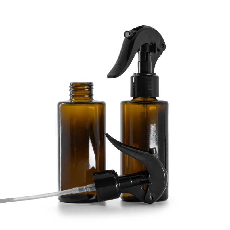 Braunglasflasche, gerader Hals, 24 mm, schwarzer Trigger-Sprühkopf, 100 ml